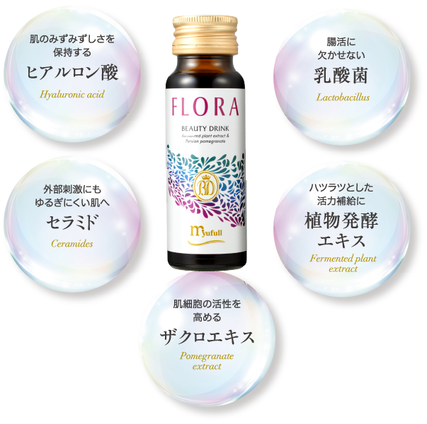 肌のみずみずしさを保持するヒアルロン酸。腸活に欠かせない乳酸菌。外部刺激にも揺るぎにくい肌へ セラミド。ハツラツとした活動補給に植物発酵エキス。肌細胞の活性を高めるザクロエキス。